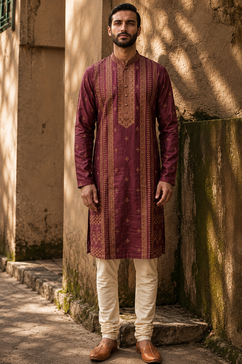 Maroon Gold Woven Stripe Kurta Set