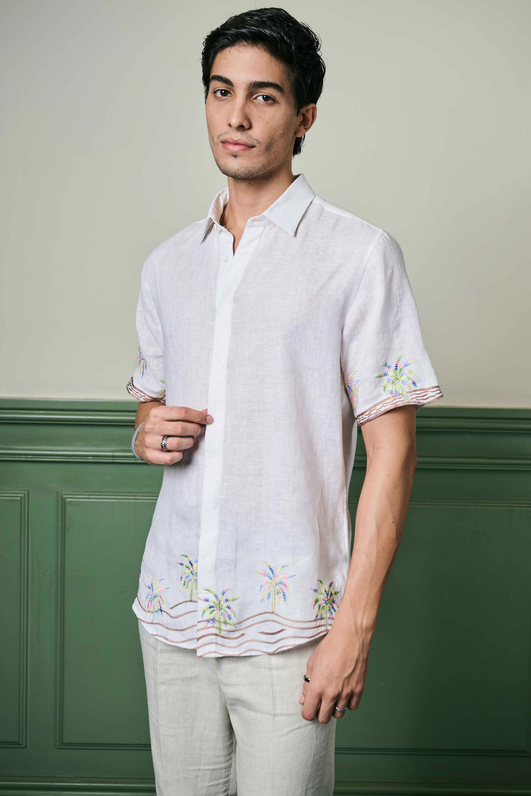 Palm Oasis Embroidered Linen Shirt