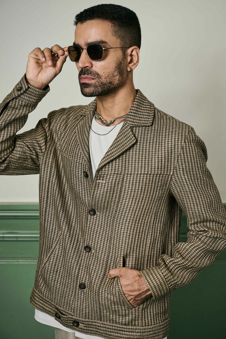 Brown Houndstooth Linen Cuban Collar Jacket