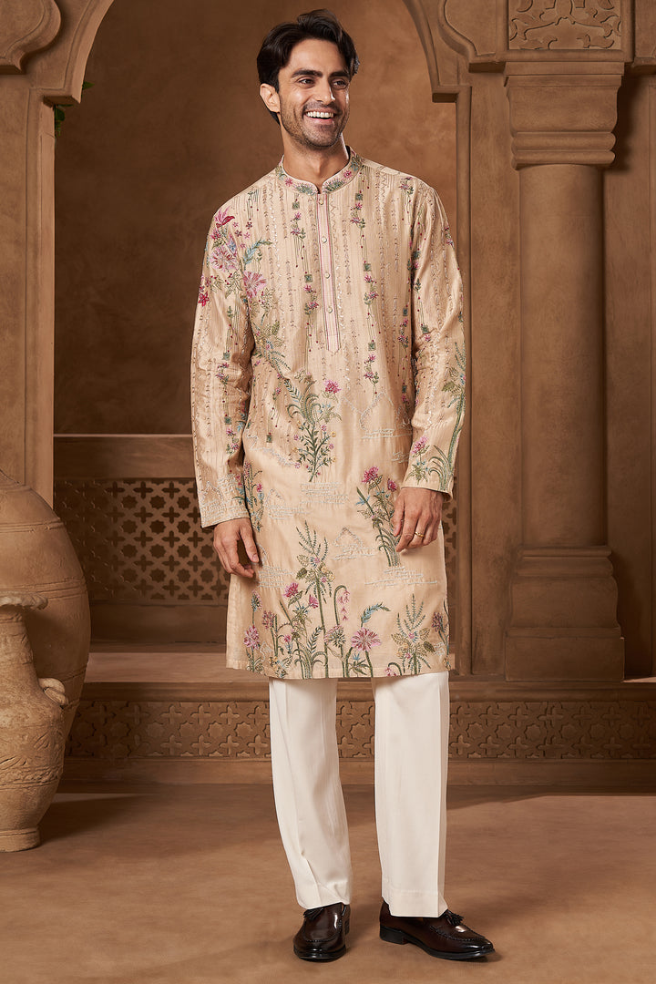 Beige Chanderi Floral Placement Kurta Set