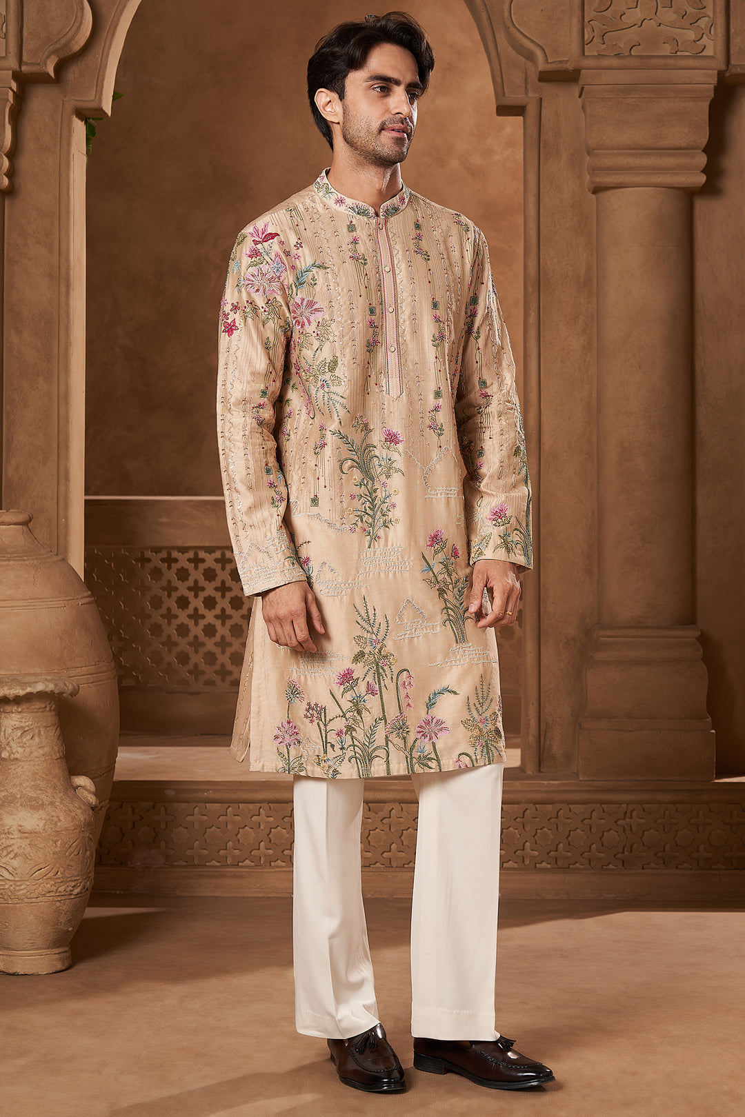 Beige Chanderi Floral Placement Kurta Set