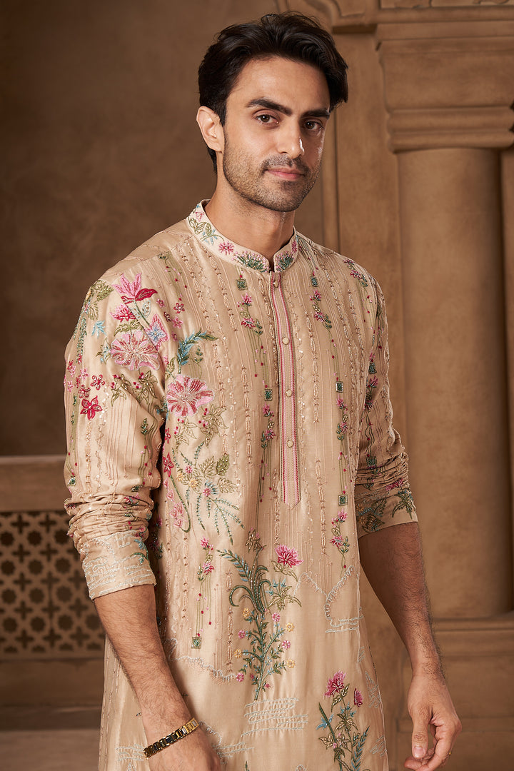 Beige Chanderi Floral Placement Kurta Set