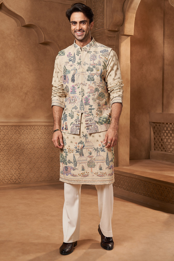 Beige Linen Tropical Animal Print Bundi Set