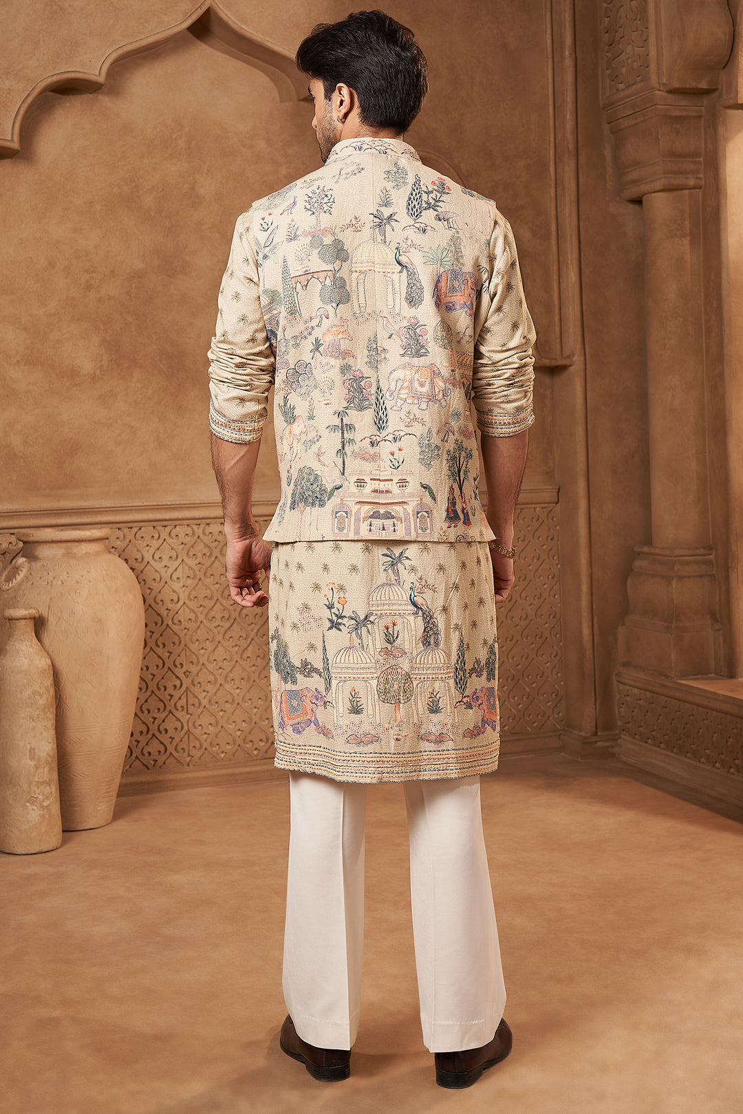Beige Linen Tropical Animal Print Bundi Set