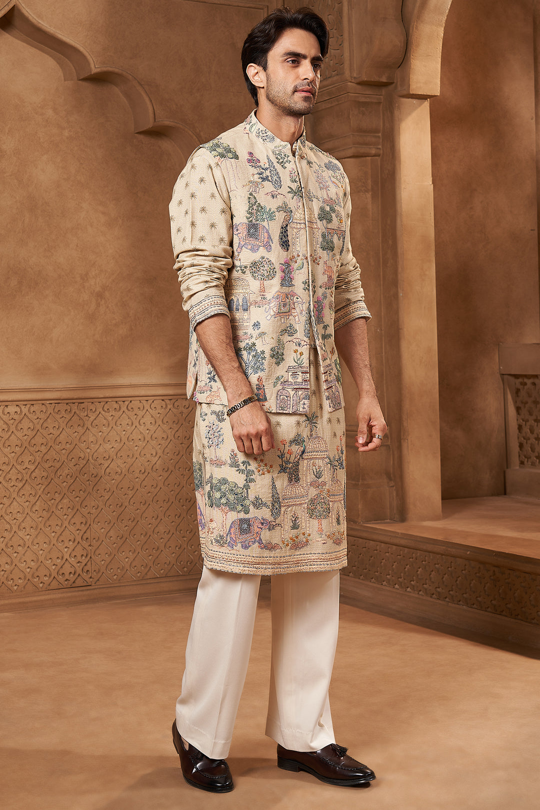 Beige Linen Tropical Animal Print Bundi Set
