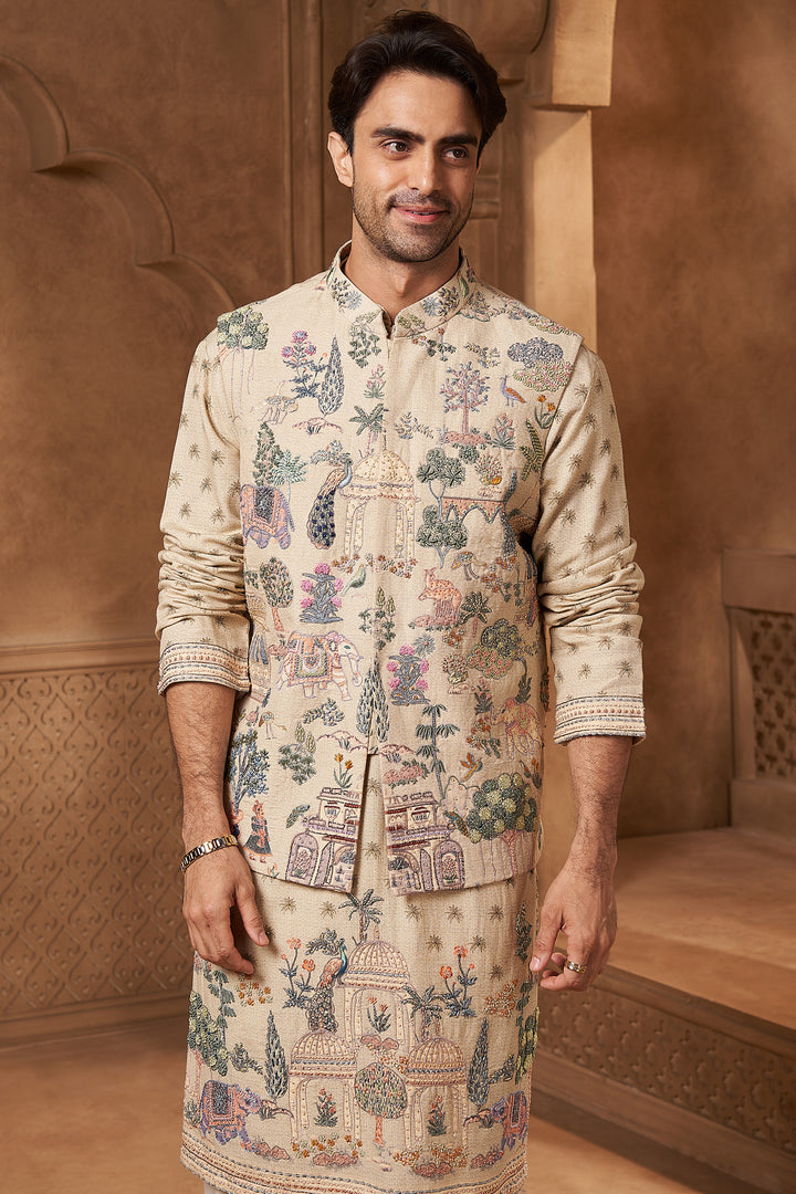 Beige Linen Tropical Animal Print Bundi Set