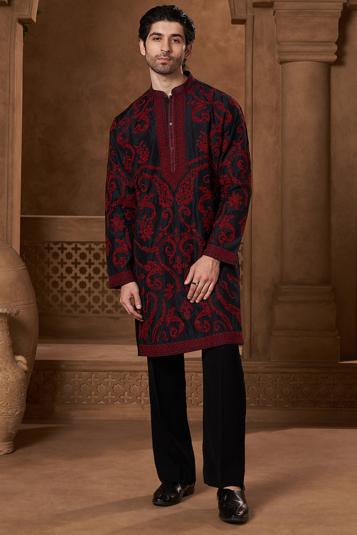 Black Chanderi Red Paisley Kurta Set