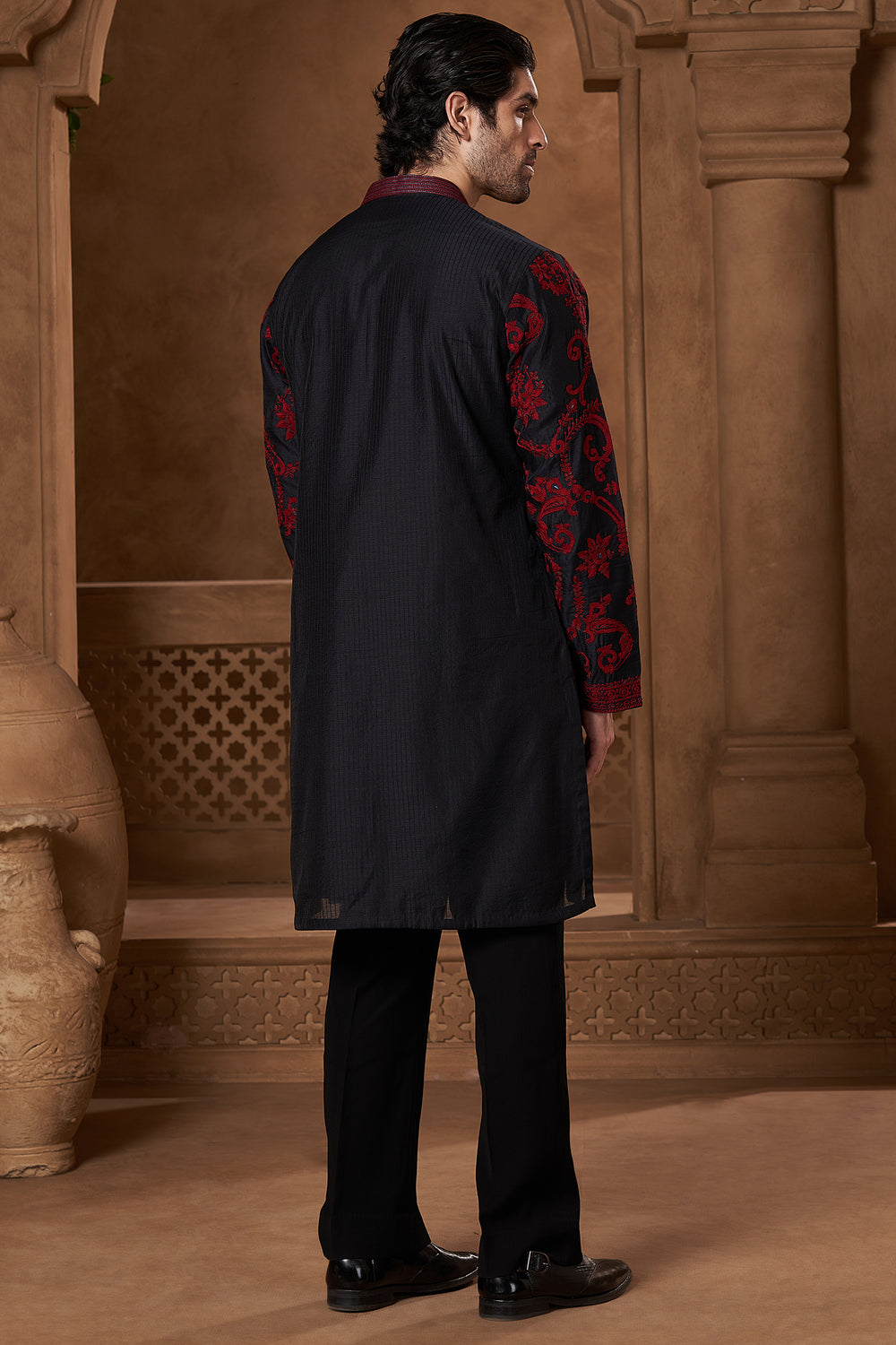 Black Chanderi Red Paisley Kurta Set