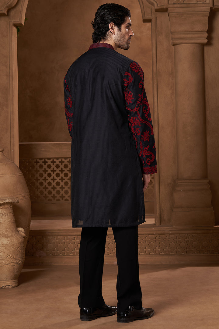 Black Chanderi Red Paisley Kurta Set