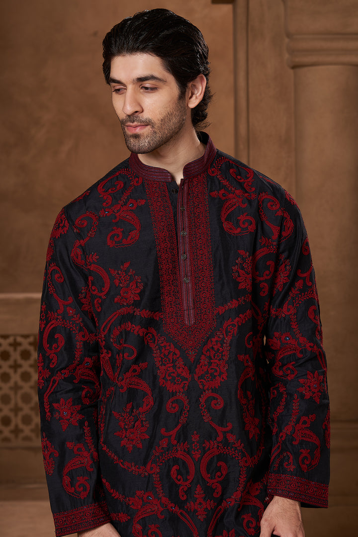 Black Chanderi Red Paisley Kurta Set
