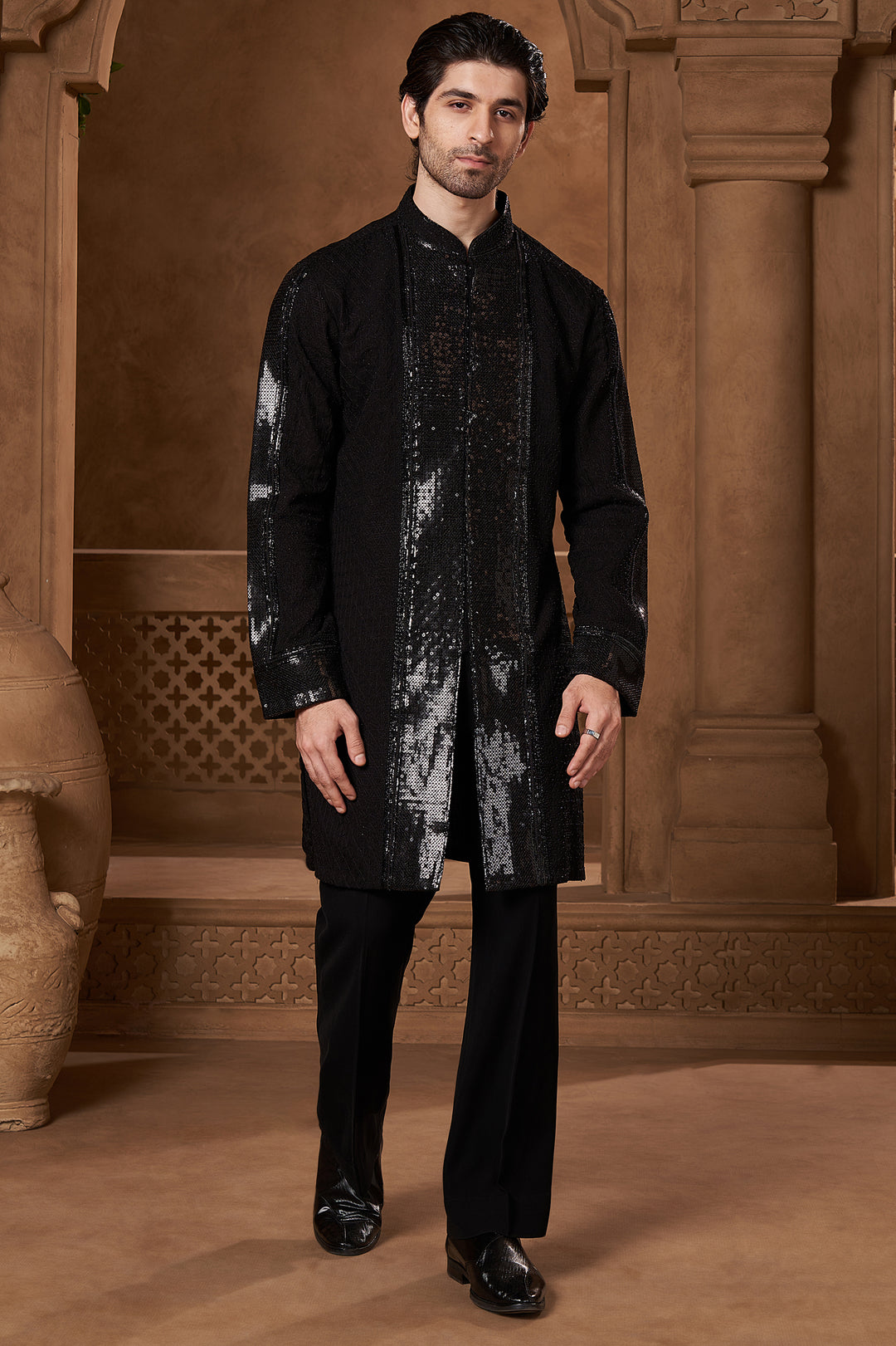 Black Chanderi Sequin Panel Open Kurta Set