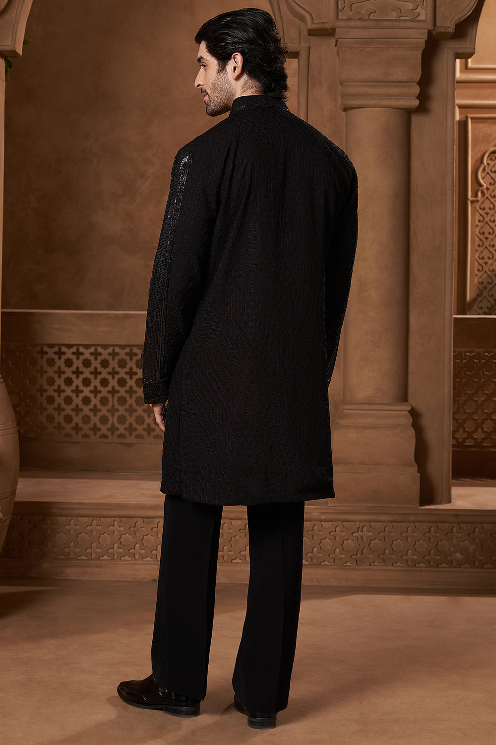 Black Chanderi Sequin Panel Open Kurta Set