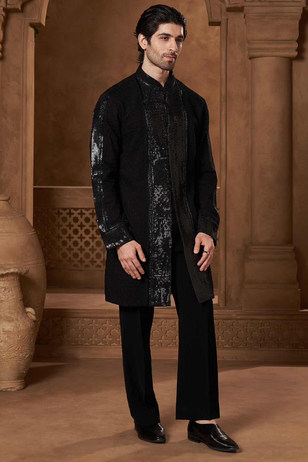 Black Chanderi Sequin Panel Open Kurta Set