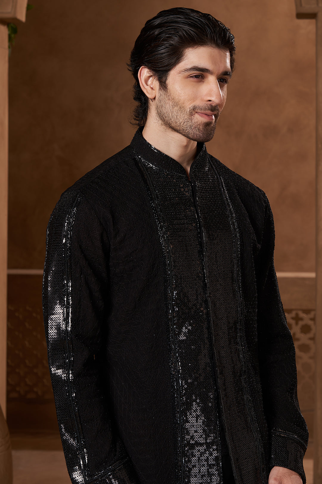 Black Chanderi Sequin Panel Open Kurta Set