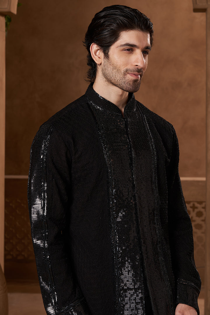 Black Chanderi Sequin Panel Open Kurta Set