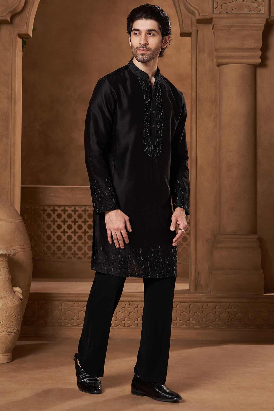 Black Chanderi Zari Yoke Kurta Set