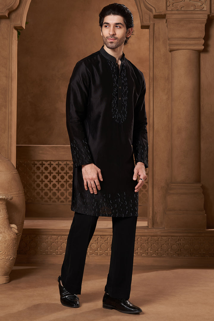 Black Chanderi Zari Yoke Kurta Set