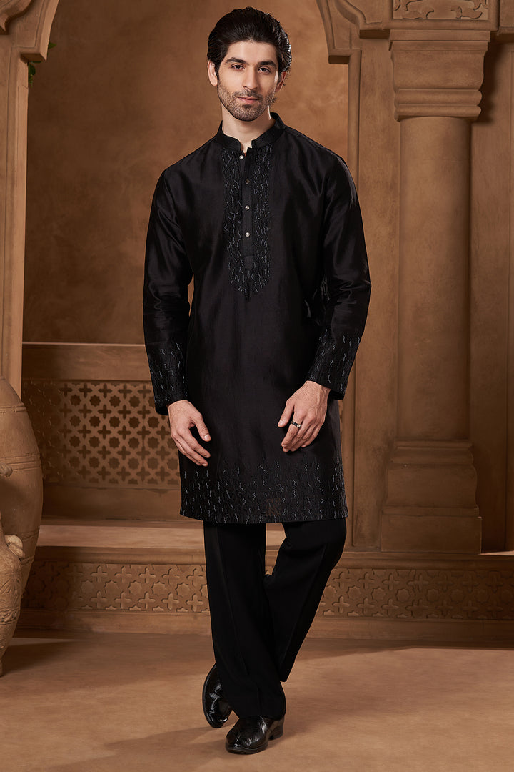Black Chanderi Zari Yoke Kurta Set