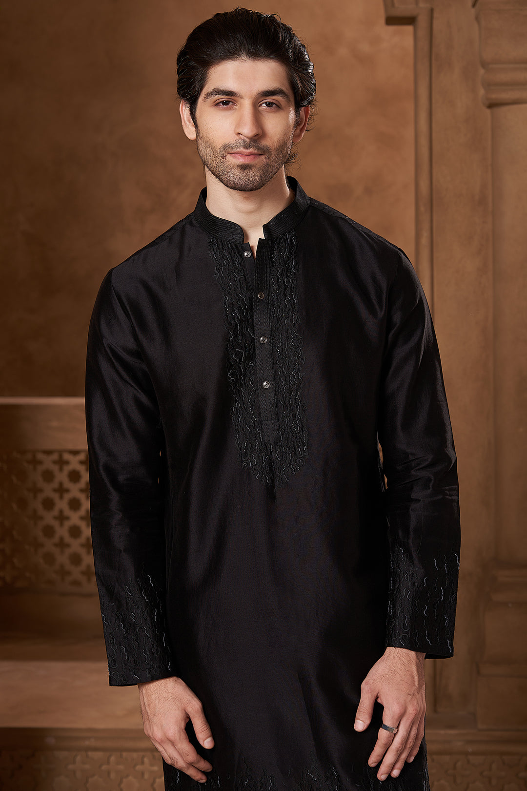 Black Chanderi Zari Yoke Kurta Set