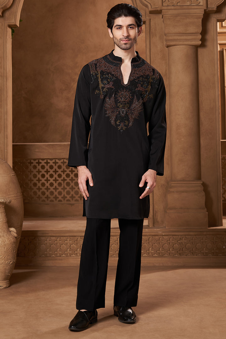 Black Ornamental Yoke Kurta Set