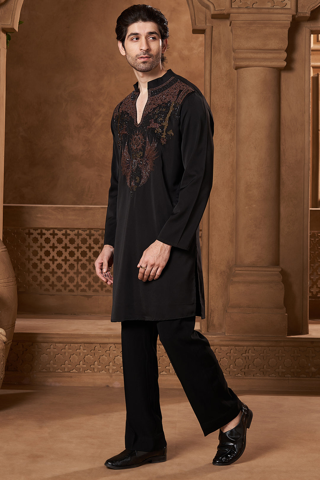 Black Ornamental Yoke Kurta Set