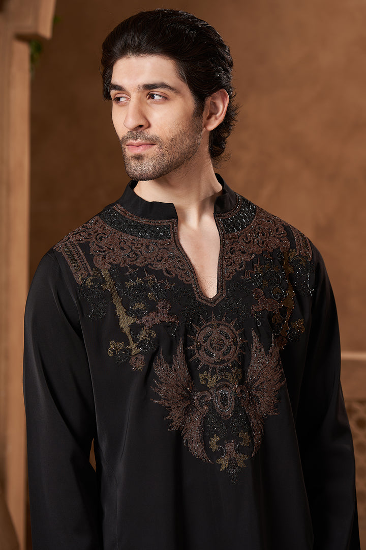 Black Ornamental Yoke Kurta Set