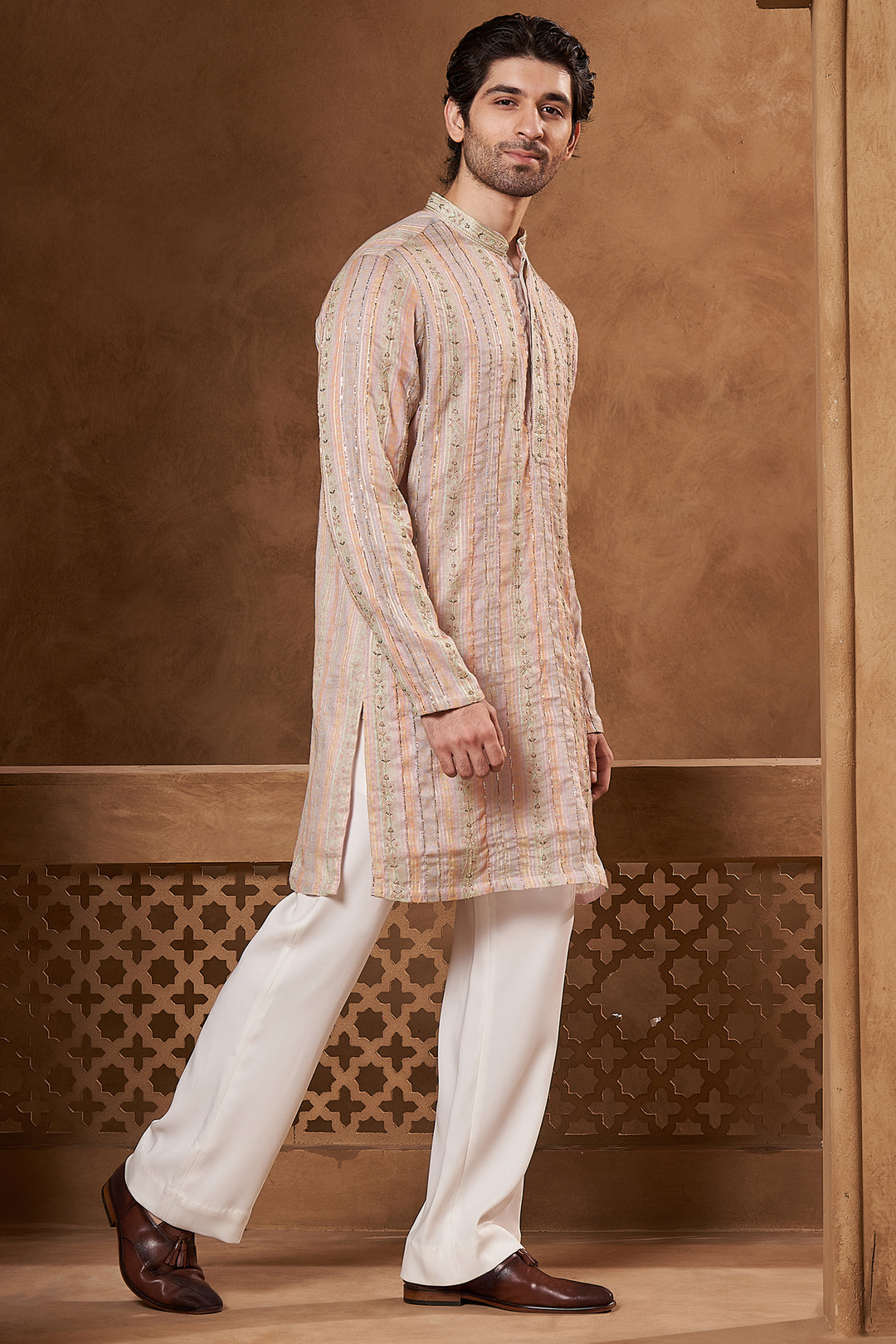 Blush Pink Chanderi Floral Stripe Kurta Set