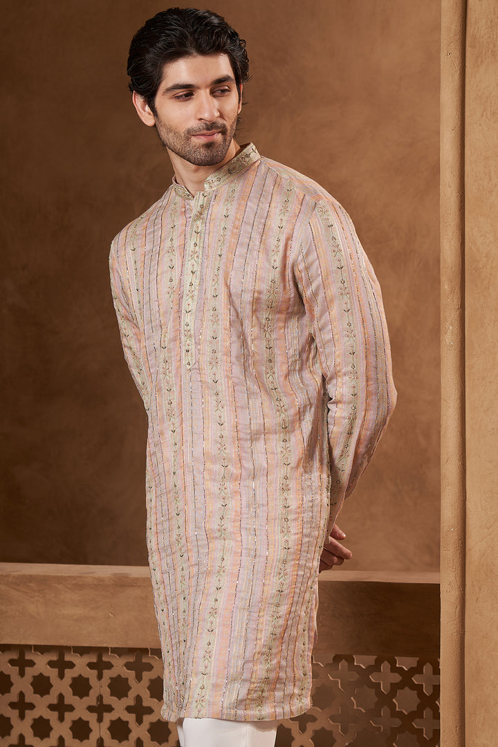 Blush Pink Chanderi Floral Stripe Kurta Set