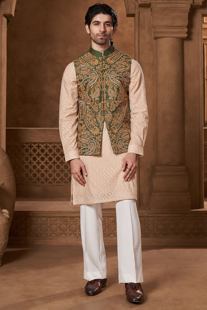 Bottle Green Silk Paisley Bundi Set
