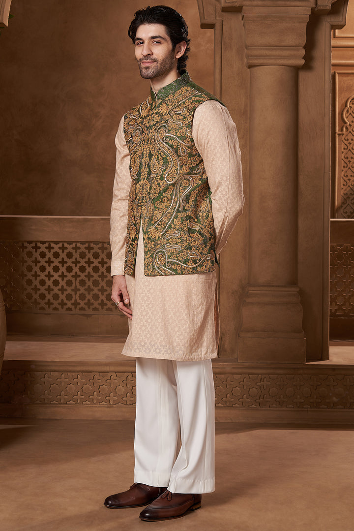 Bottle Green Silk Paisley Bundi Set