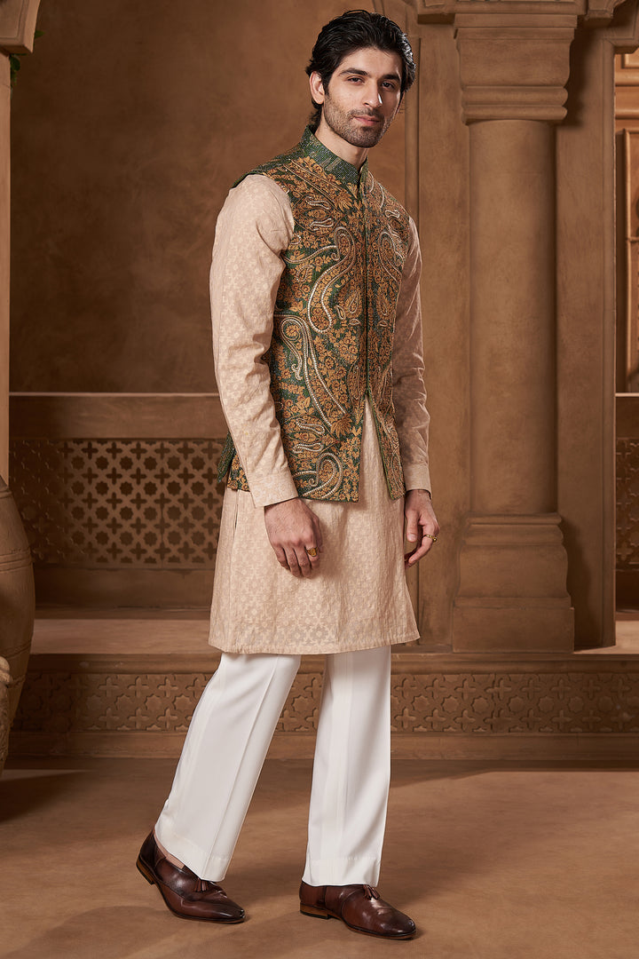 Bottle Green Silk Paisley Bundi Set