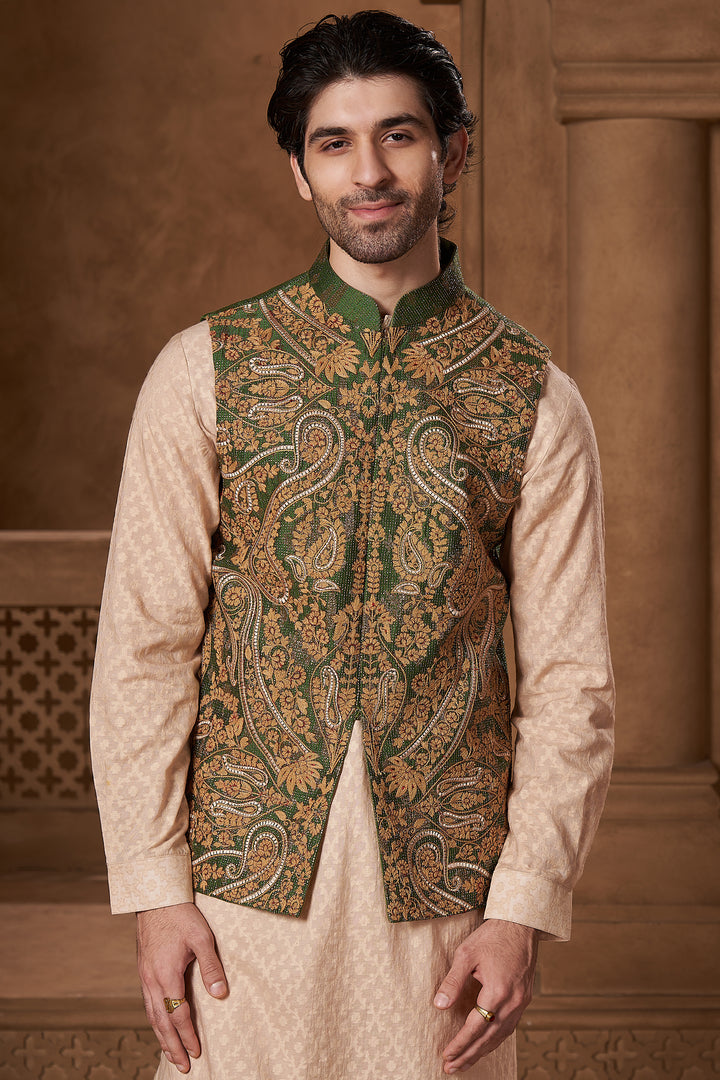 Bottle Green Silk Paisley Bundi Set