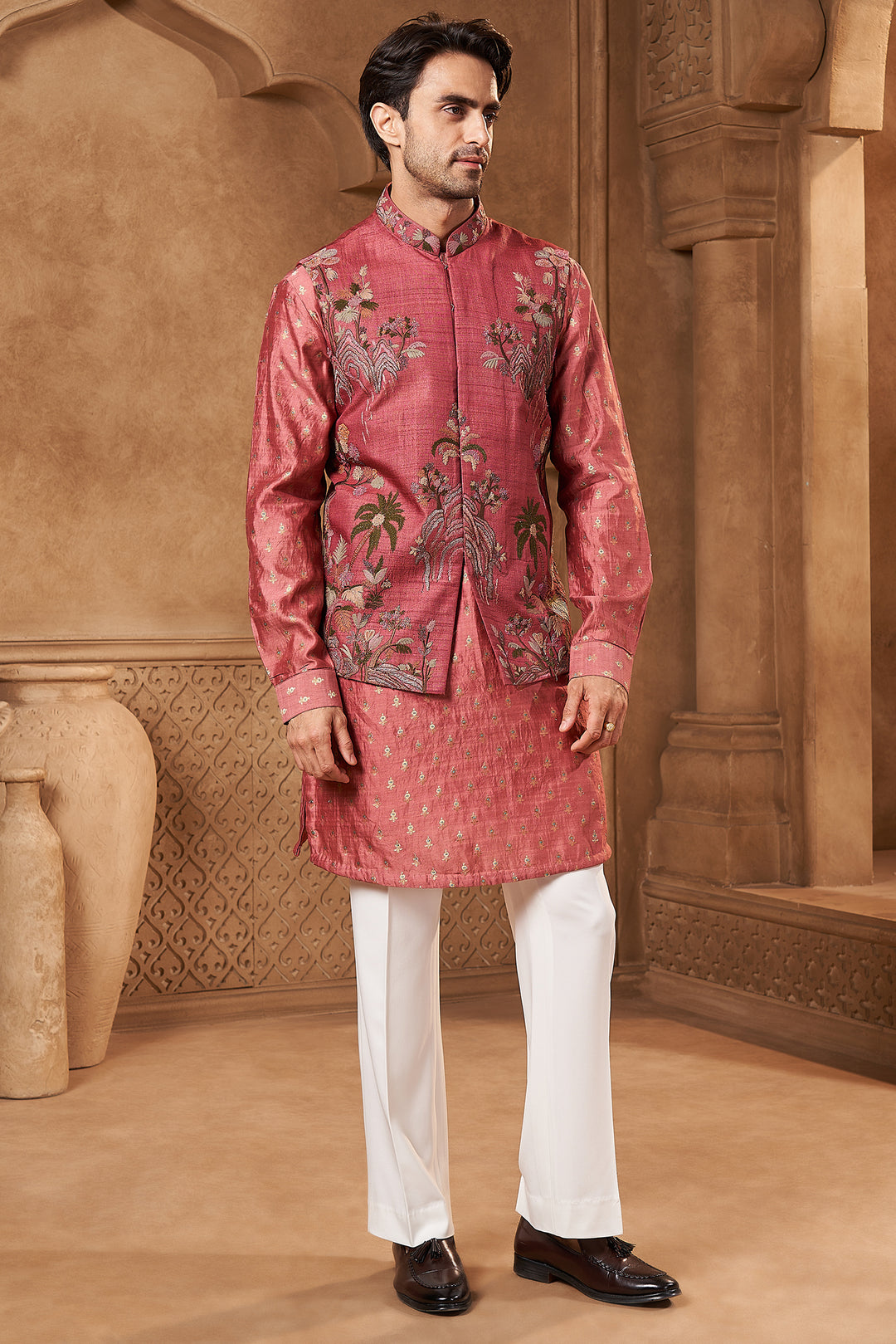 Coral Pink Tussar Silk Tropical Bundi Set