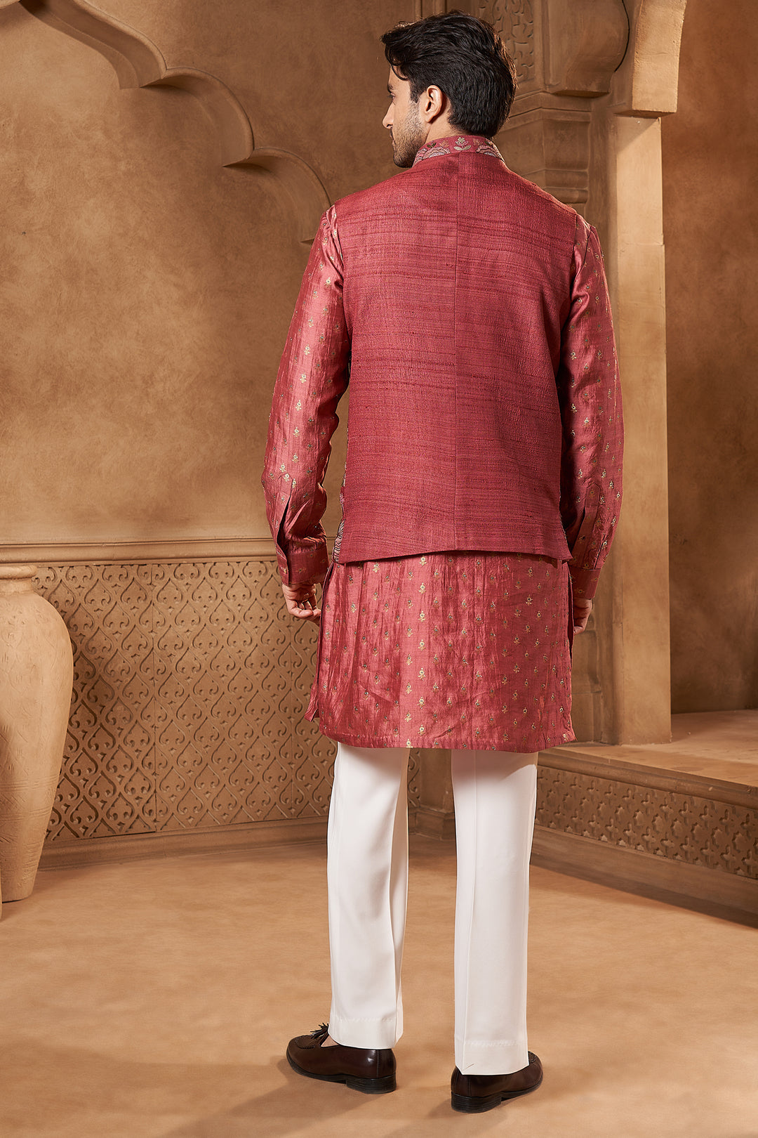 Coral Pink Tussar Silk Tropical Bundi Set