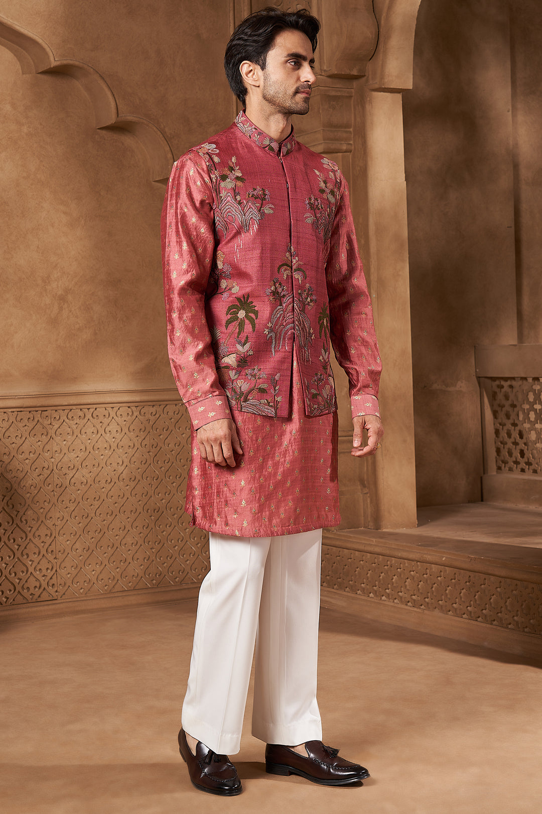 Coral Pink Tussar Silk Tropical Bundi Set