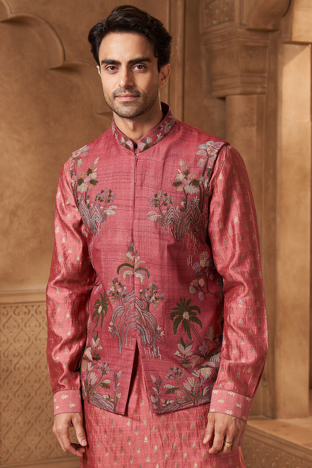 Coral Pink Tussar Silk Tropical Bundi Set
