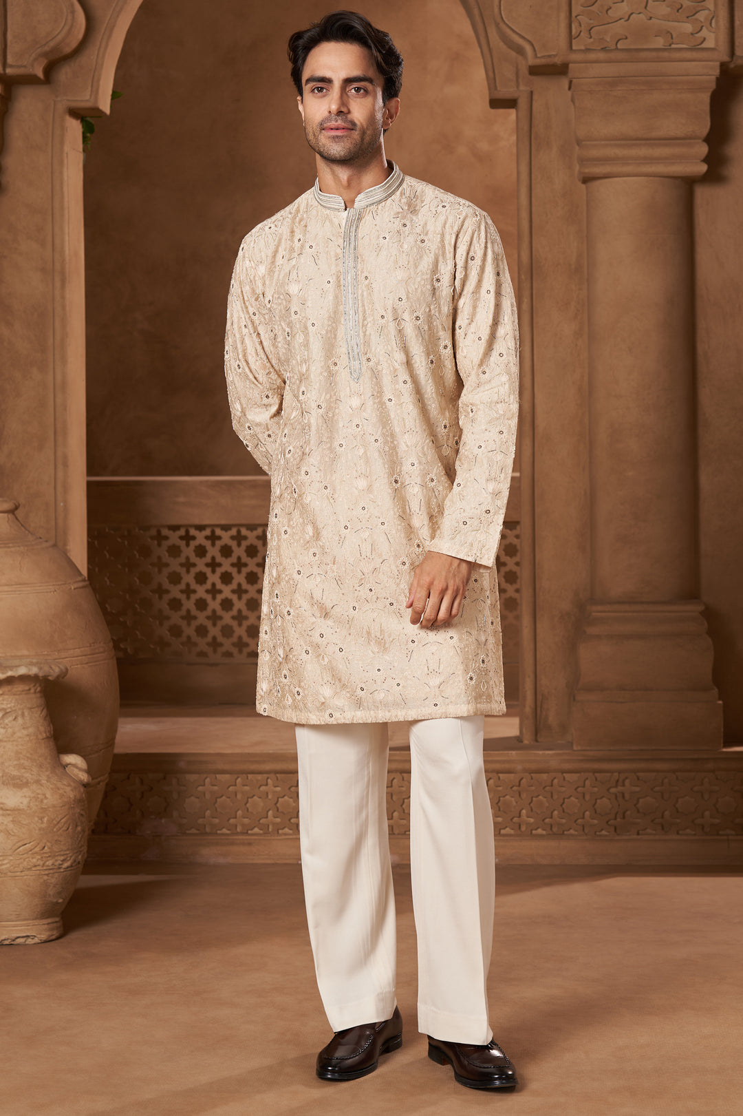 Cream Chanderi Resham Moti Kurta Set