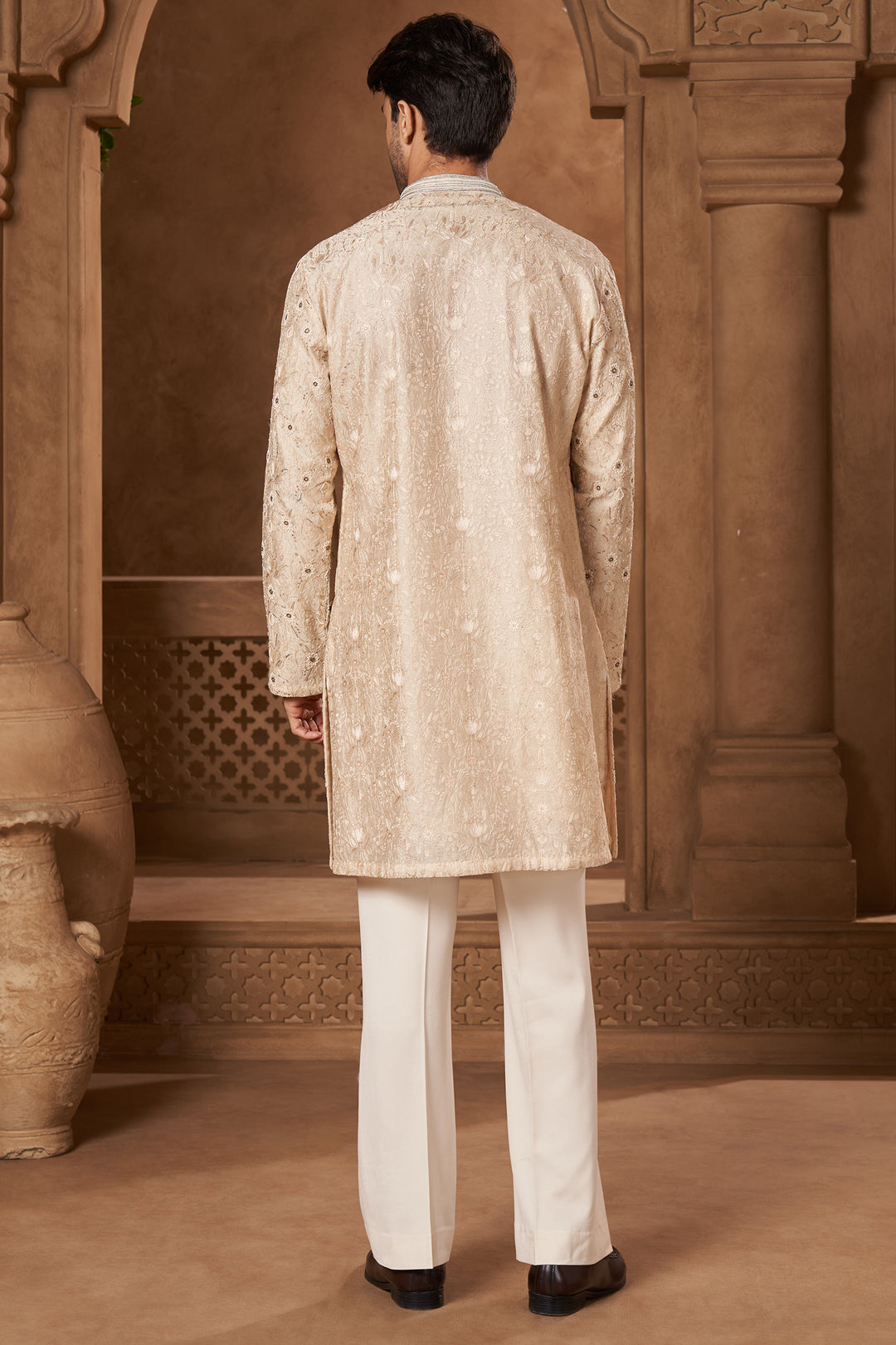 Cream Chanderi Resham Moti Kurta Set