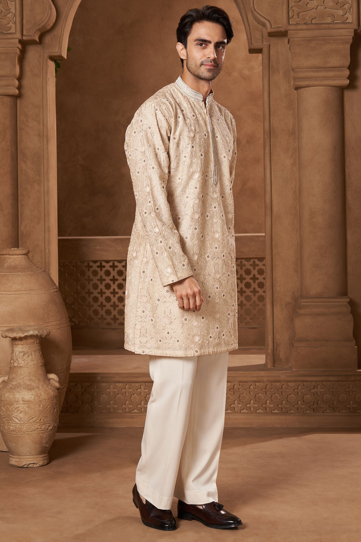 Cream Chanderi Resham Moti Kurta Set