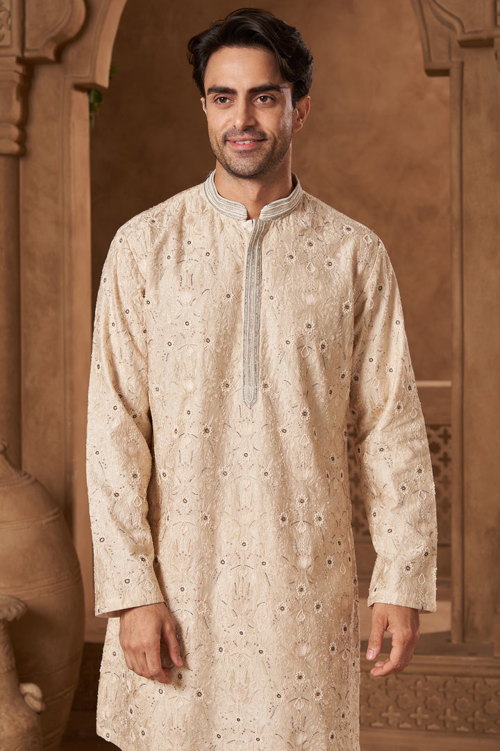 Cream Chanderi Resham Moti Kurta Set
