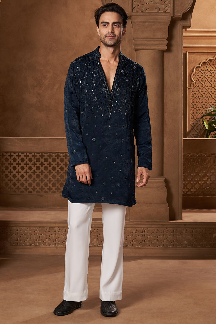 Dark Teal Velvet V-Neck Kurta Set