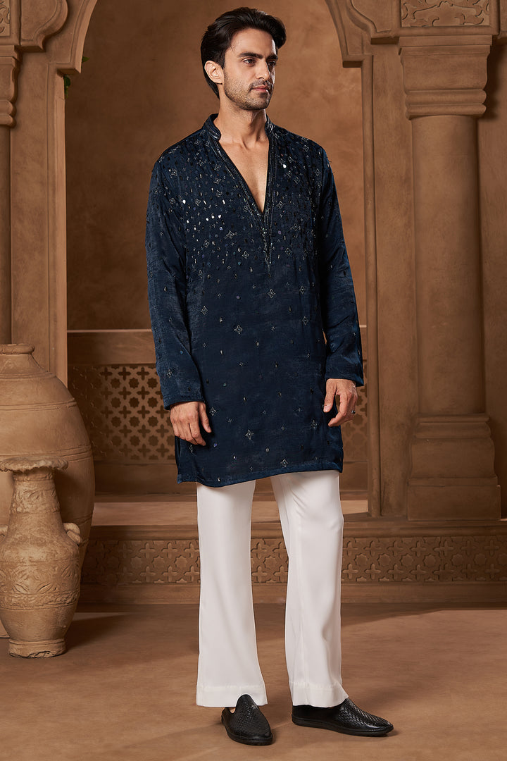 Dark Teal Velvet V-Neck Kurta Set