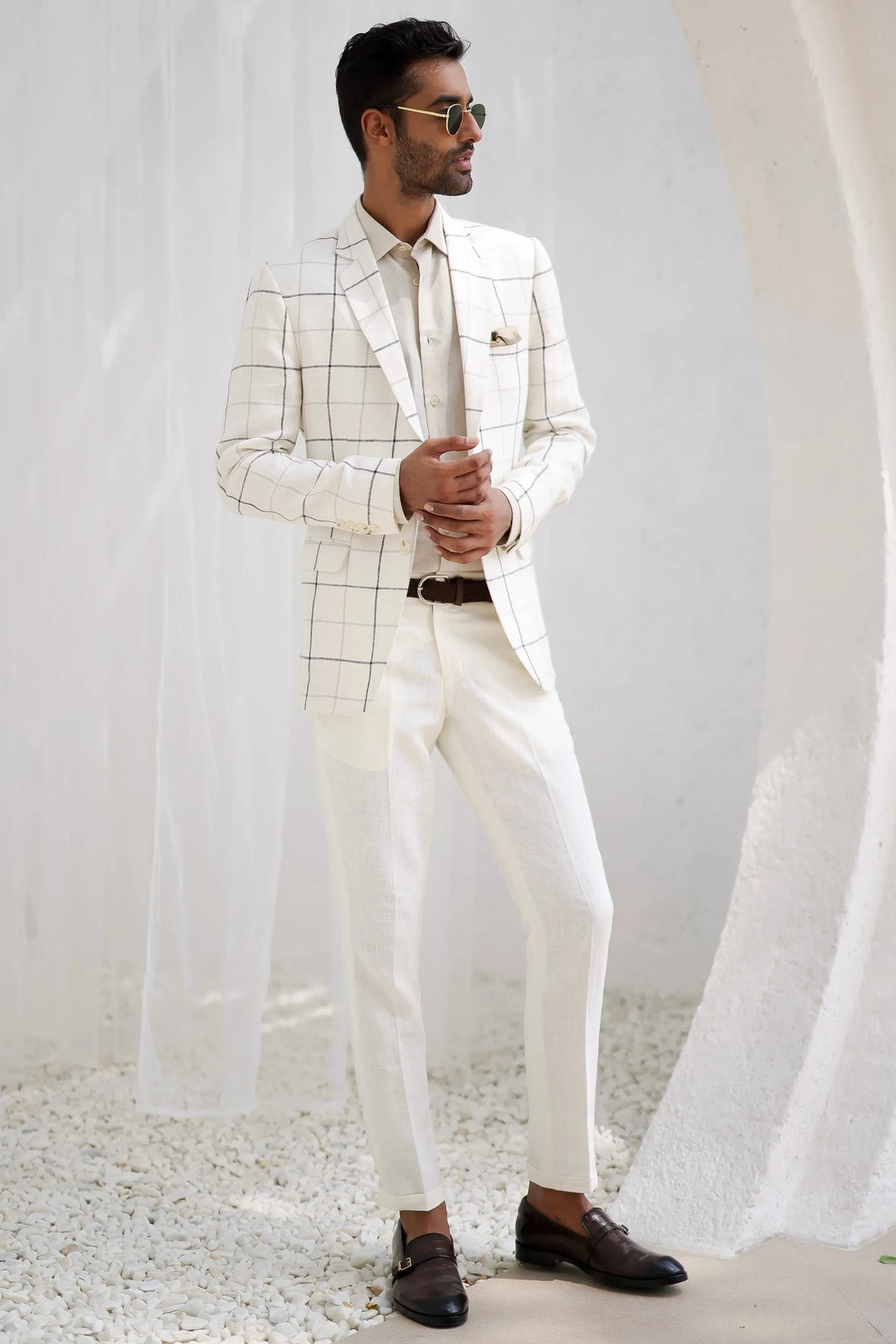 Porcelain White Windowpane Check Blazer Set - Asuka Couture