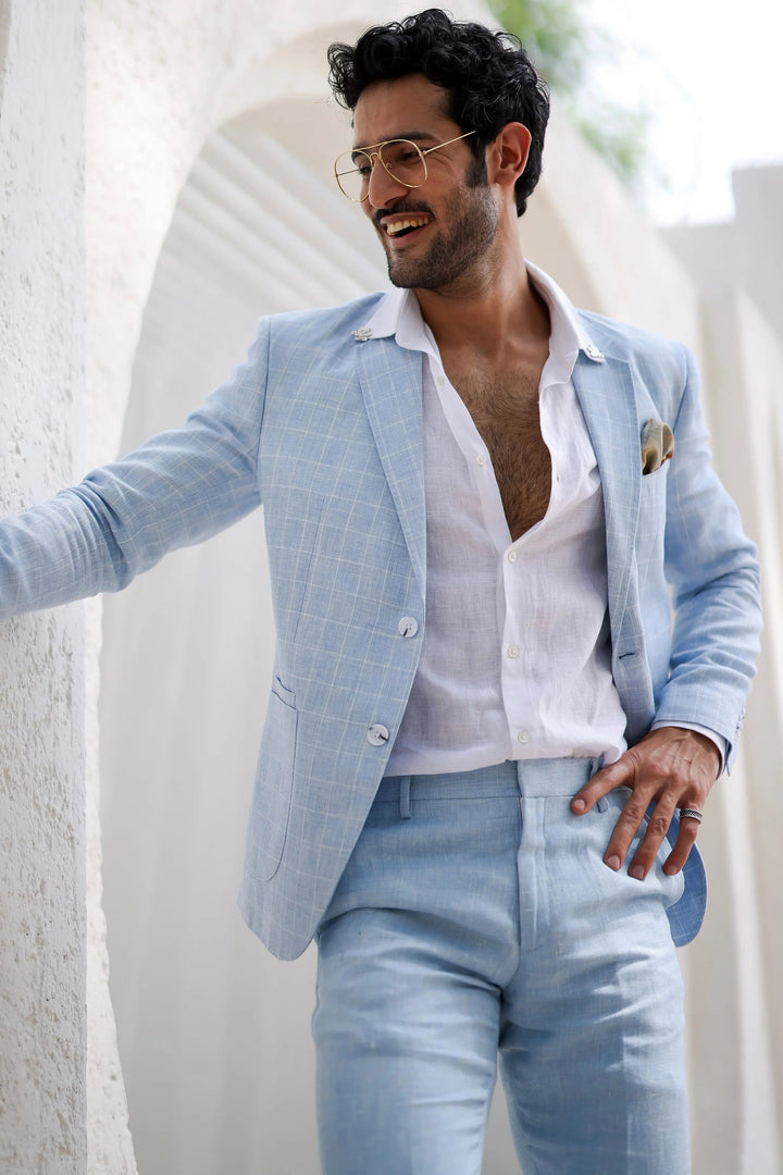 Powder Blue Windowpane Check Blazer Set - Asuka Couture