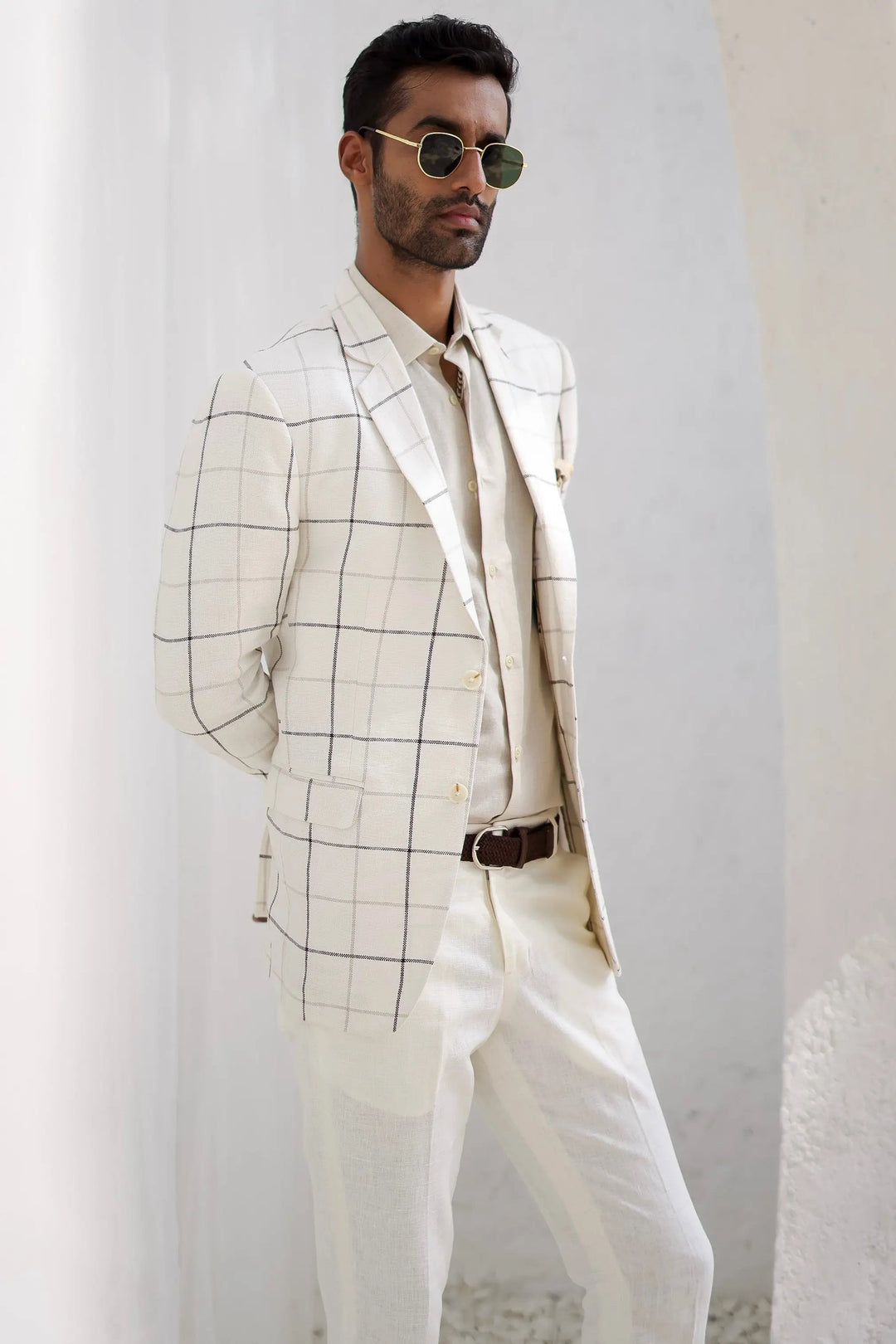 Porcelain White Windowpane Check Blazer Set - Asuka Couture