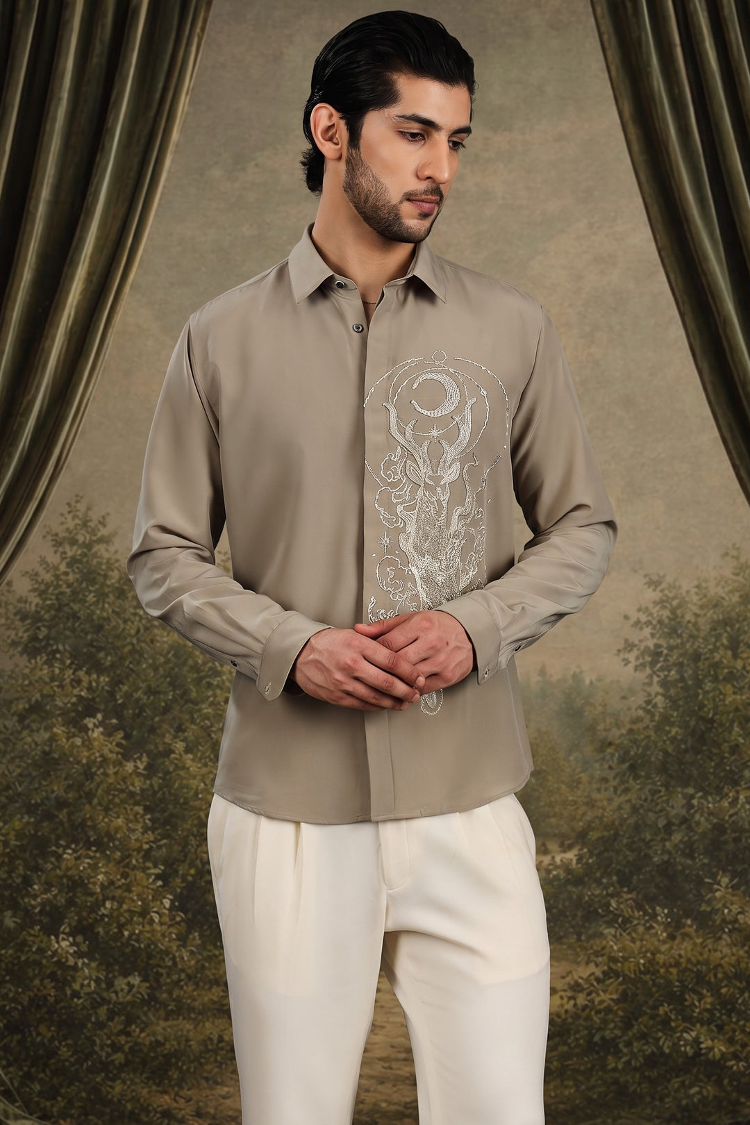 Beige Celestial Stag Embroidered Shirt