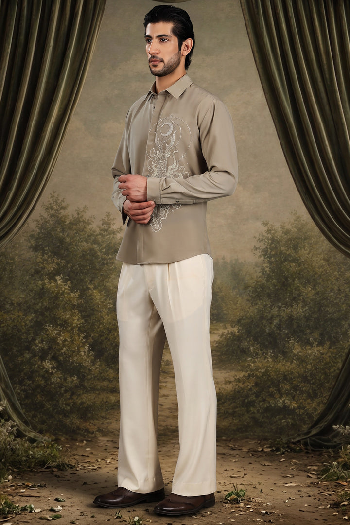 Beige Celestial Stag Embroidered Shirt