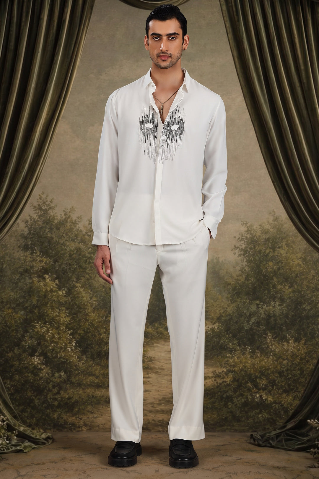 White Abstract Mask Beaded Shirt