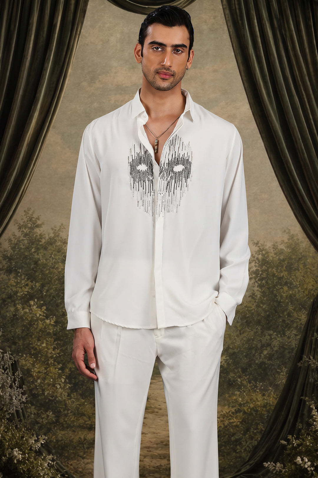 White Abstract Mask Beaded Shirt