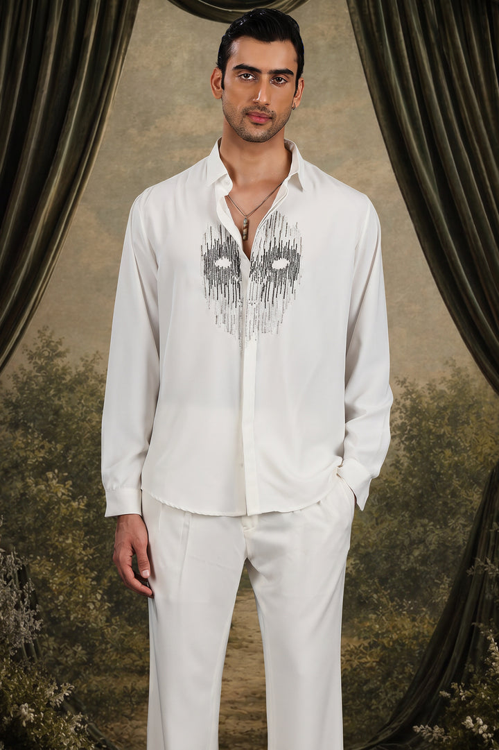 White Abstract Mask Beaded Shirt